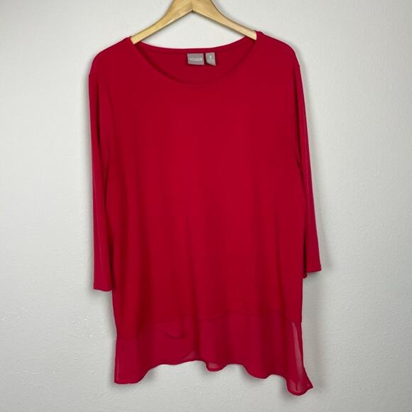 Chico's Tops - Chico’s Red Tunic Top Size XL (3) Jersey Knit 3/4 Sleeve Chiffon Hem Mixed Media